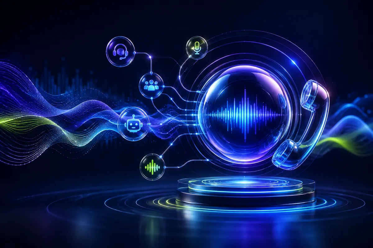 AI voice bot waveform connected to an IVR call-routing workflow